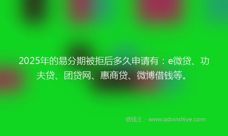 2025年的易分期被拒后多久申请有：e微贷、功夫贷、团贷网、惠商贷、微博借钱等。