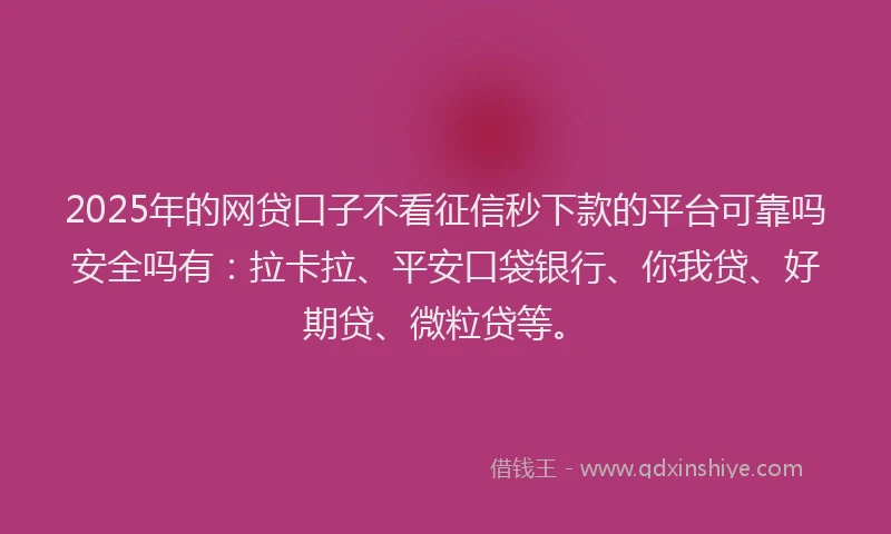 2025年的网贷口子不看征信秒下款的平台可靠吗安全吗有：拉卡拉、平安口袋银行、你我贷、好期贷、微粒贷等。