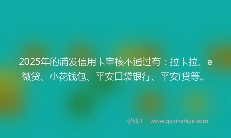 2025年的浦发信用卡审核不通过有：拉卡拉、e微贷、小花钱包、平安口袋银行、平安i贷等。