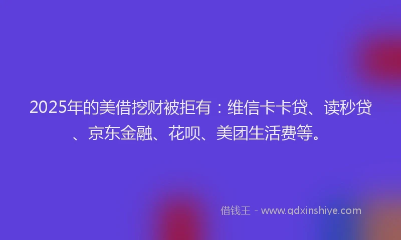 2025年的美借挖财被拒有：维信卡卡贷、读秒贷、京东金融、花呗、美团生活费等。
