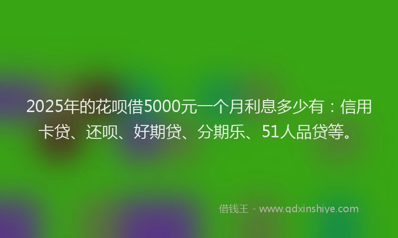 2025年的花呗借5000元一个月利息多少有：信用卡贷、还呗、好期贷、分期乐、51人品贷等。