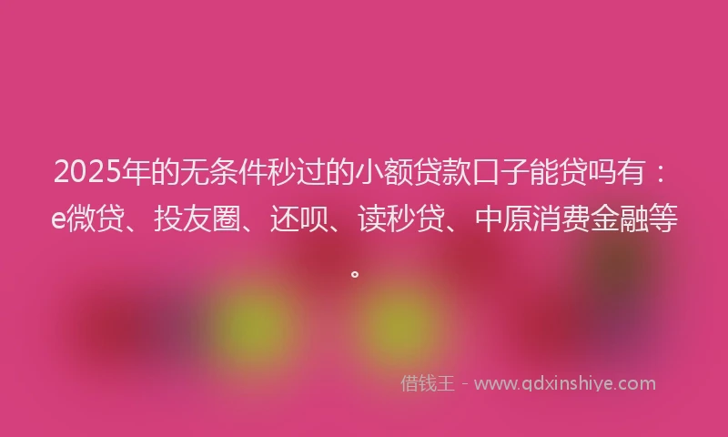 2025年的无条件秒过的小额贷款口子能贷吗有：e微贷、投友圈、还呗、读秒贷、中原消费金融等。