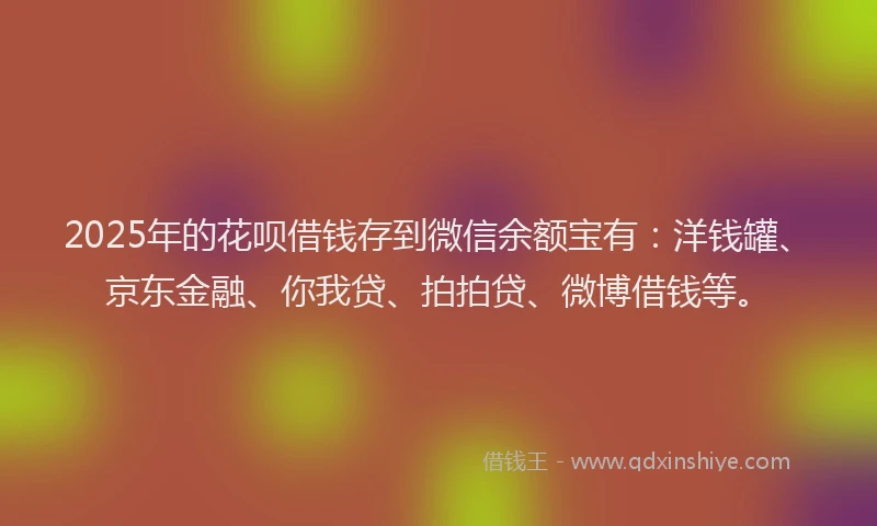 2025年的花呗借钱存到微信余额宝有：洋钱罐、京东金融、你我贷、拍拍贷、微博借钱等。
