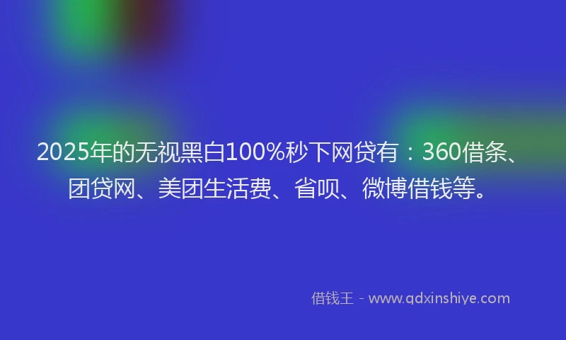 2025年的无视黑白100%秒下网贷有：360借条、团贷网、美团生活费、省呗、微博借钱等。
