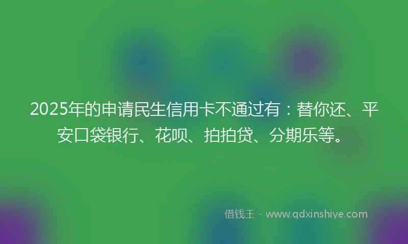 2025年的申请民生信用卡不通过有：替你还、平安口袋银行、花呗、拍拍贷、分期乐等。