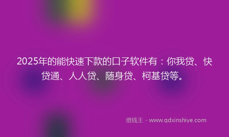 2025年的能快速下款的口子软件有：你我贷、快贷通、人人贷、随身贷、柯基贷等。