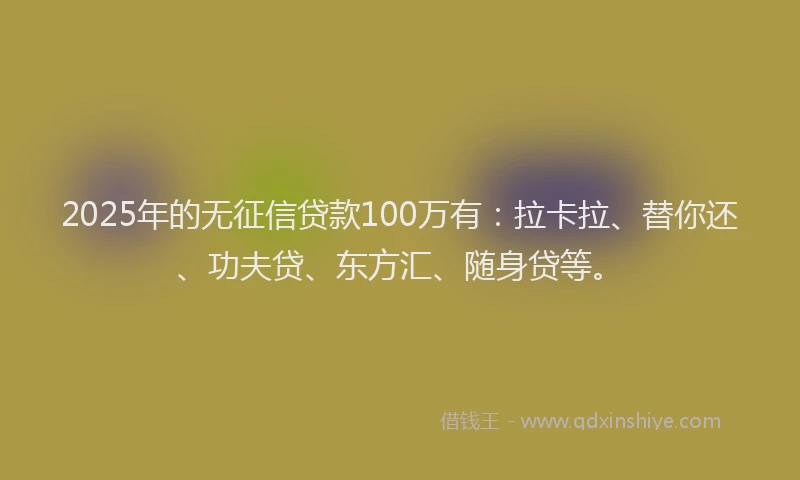 2025年的无征信贷款100万有：拉卡拉、替你还、功夫贷、东方汇、随身贷等。