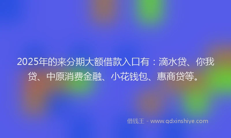 2025年的来分期大额借款入口有：滴水贷、你我贷、中原消费金融、小花钱包、惠商贷等。