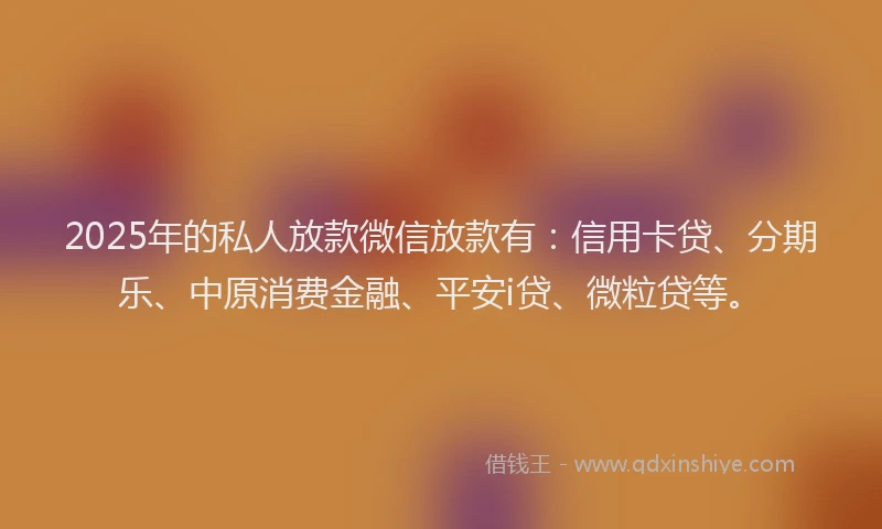 2025年的私人放款微信放款有：信用卡贷、分期乐、中原消费金融、平安i贷、微粒贷等。