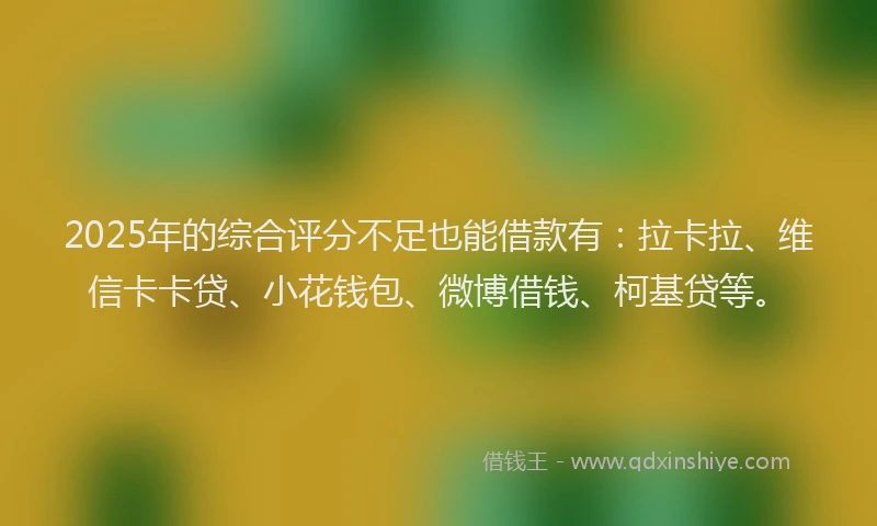 2025年的综合评分不足也能借款有：拉卡拉、维信卡卡贷、小花钱包、微博借钱、柯基贷等。
