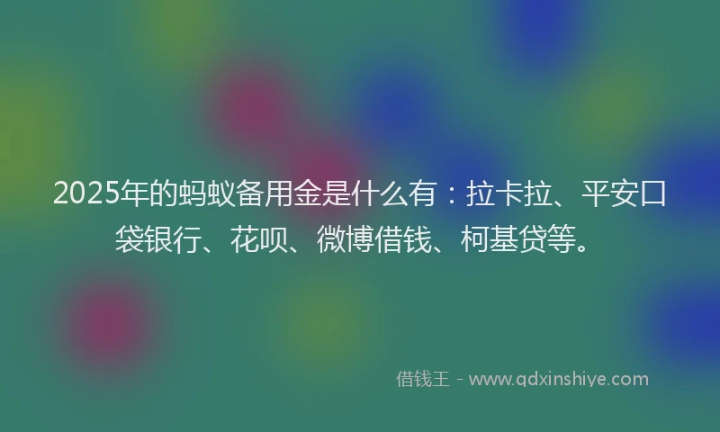 2025年的蚂蚁备用金是什么有：拉卡拉、平安口袋银行、花呗、微博借钱、柯基贷等。