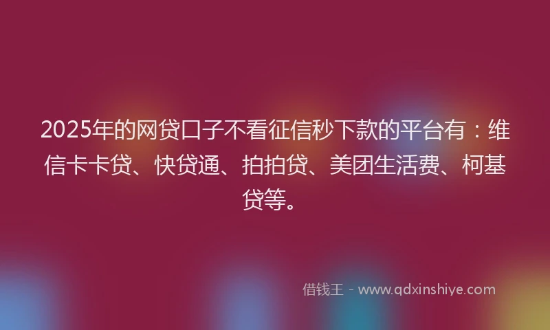 2025年的网贷口子不看征信秒下款的平台有：维信卡卡贷、快贷通、拍拍贷、美团生活费、柯基贷等。