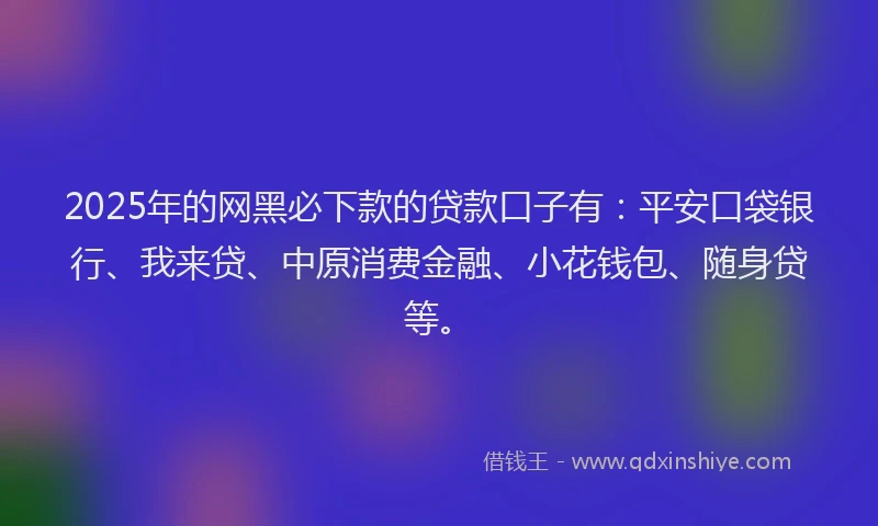 2025年的网黑必下款的贷款口子有：平安口袋银行、我来贷、中原消费金融、小花钱包、随身贷等。