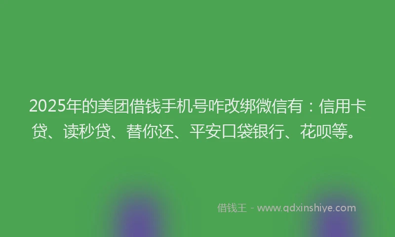 2025年的美团借钱手机号咋改绑微信有：信用卡贷、读秒贷、替你还、平安口袋银行、花呗等。