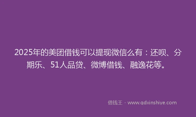 2025年的美团借钱可以提现微信么有：还呗、分期乐、51人品贷、微博借钱、融逸花等。