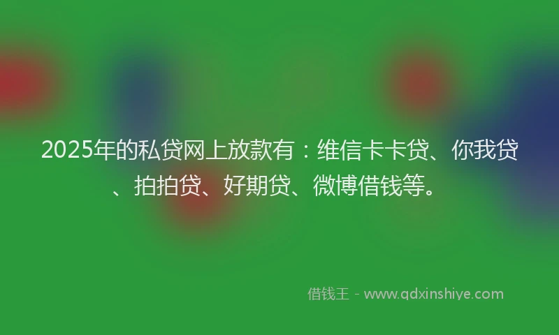 2025年的私贷网上放款有：维信卡卡贷、你我贷、拍拍贷、好期贷、微博借钱等。
