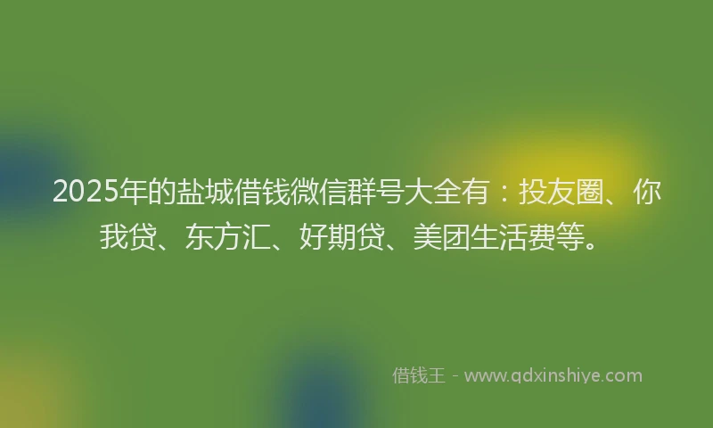 2025年的盐城借钱微信群号大全有：投友圈、你我贷、东方汇、好期贷、美团生活费等。