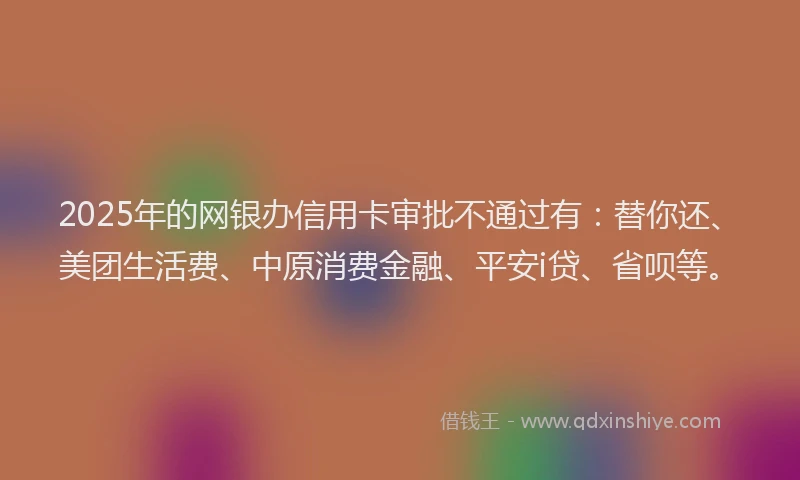 2025年的网银办信用卡审批不通过有：替你还、美团生活费、中原消费金融、平安i贷、省呗等。