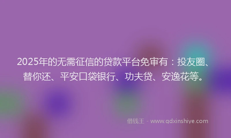 2025年的无需征信的贷款平台免审有：投友圈、替你还、平安口袋银行、功夫贷、安逸花等。