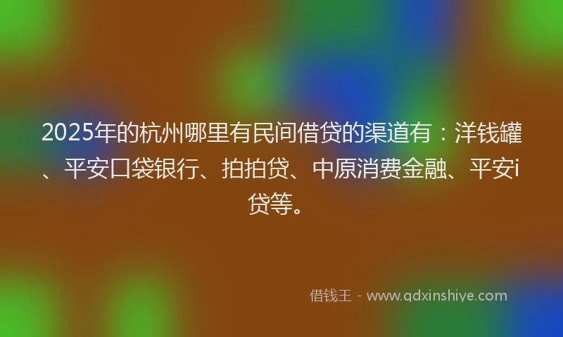 2025年的杭州哪里有民间借贷的渠道有：洋钱罐、平安口袋银行、拍拍贷、中原消费金融、平安i贷等。