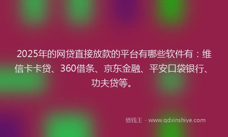 2025年的网贷直接放款的平台有哪些软件有：维信卡卡贷、360借条、京东金融、平安口袋银行、功夫贷等。