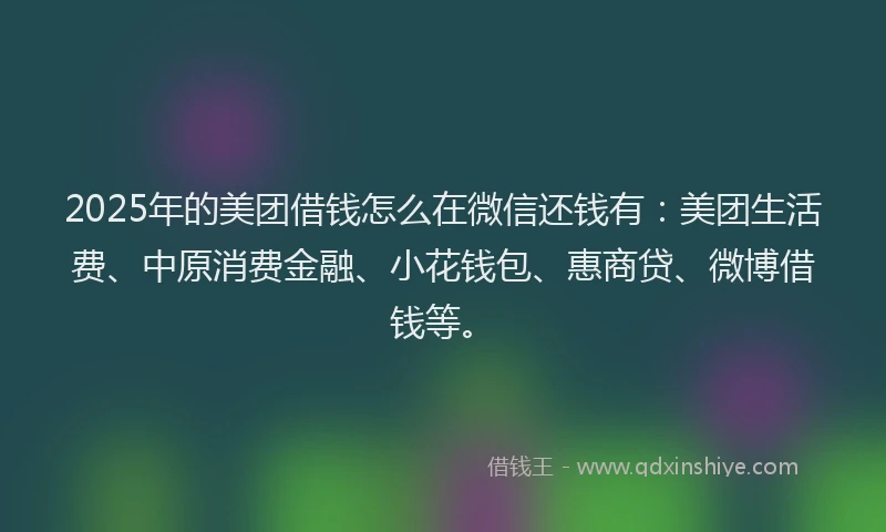 2025年的美团借钱怎么在微信还钱有：美团生活费、中原消费金融、小花钱包、惠商贷、微博借钱等。