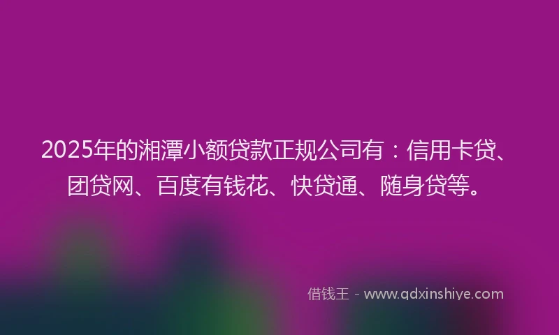 2025年的湘潭小额贷款正规公司有：信用卡贷、团贷网、百度有钱花、快贷通、随身贷等。