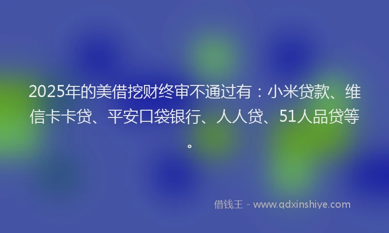 2025年的美借挖财终审不通过有：小米贷款、维信卡卡贷、平安口袋银行、人人贷、51人品贷等。
