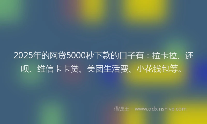 2025年的网贷5000秒下款的口子有：拉卡拉、还呗、维信卡卡贷、美团生活费、小花钱包等。