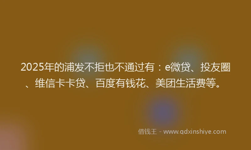 2025年的浦发不拒也不通过有：e微贷、投友圈、维信卡卡贷、百度有钱花、美团生活费等。