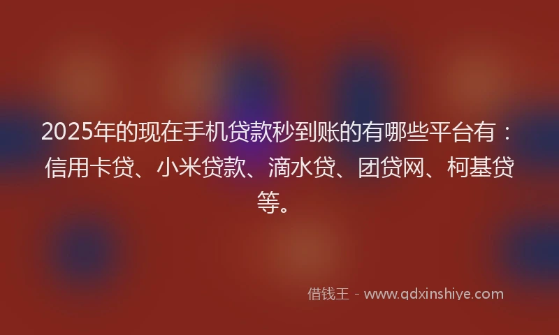 2025年的现在手机贷款秒到账的有哪些平台有：信用卡贷、小米贷款、滴水贷、团贷网、柯基贷等。