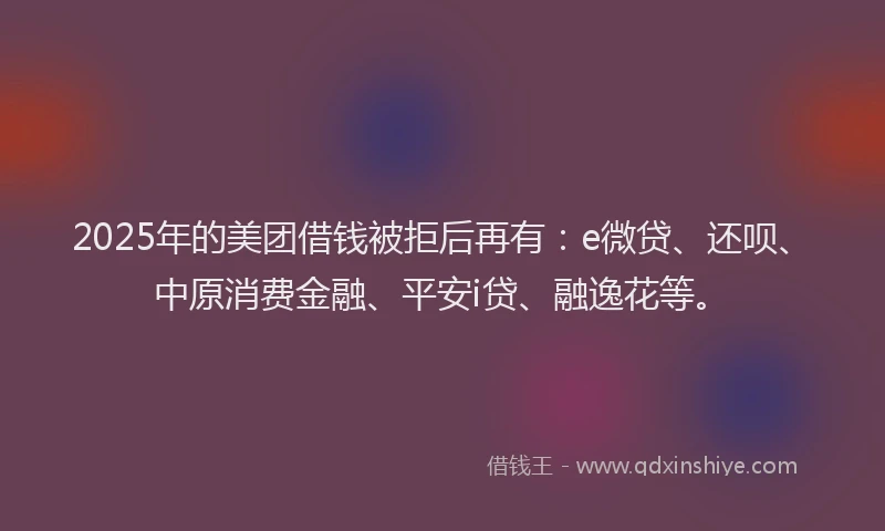 2025年的美团借钱被拒后再有：e微贷、还呗、中原消费金融、平安i贷、融逸花等。
