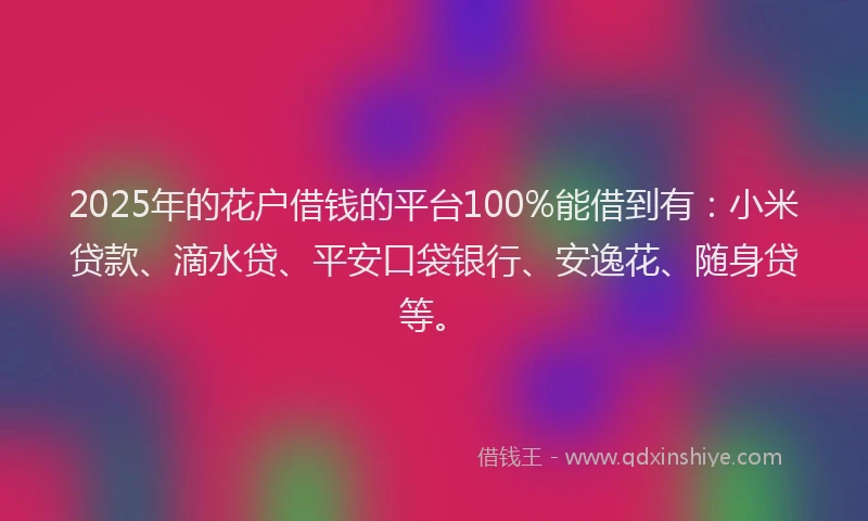 2025年的花户借钱的平台100%能借到有：小米贷款、滴水贷、平安口袋银行、安逸花、随身贷等。