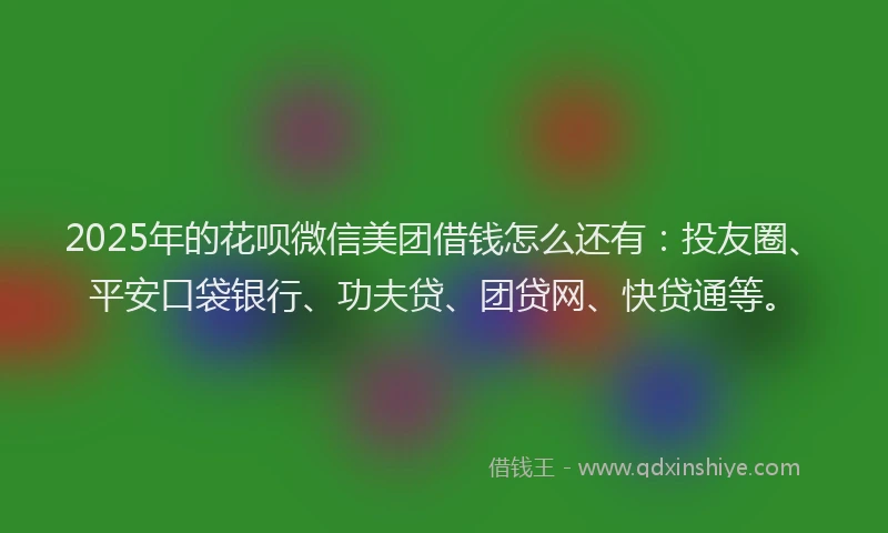 2025年的花呗微信美团借钱怎么还有：投友圈、平安口袋银行、功夫贷、团贷网、快贷通等。