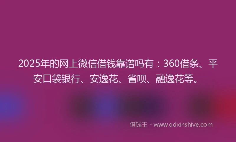 2025年的网上微信借钱靠谱吗有：360借条、平安口袋银行、安逸花、省呗、融逸花等。