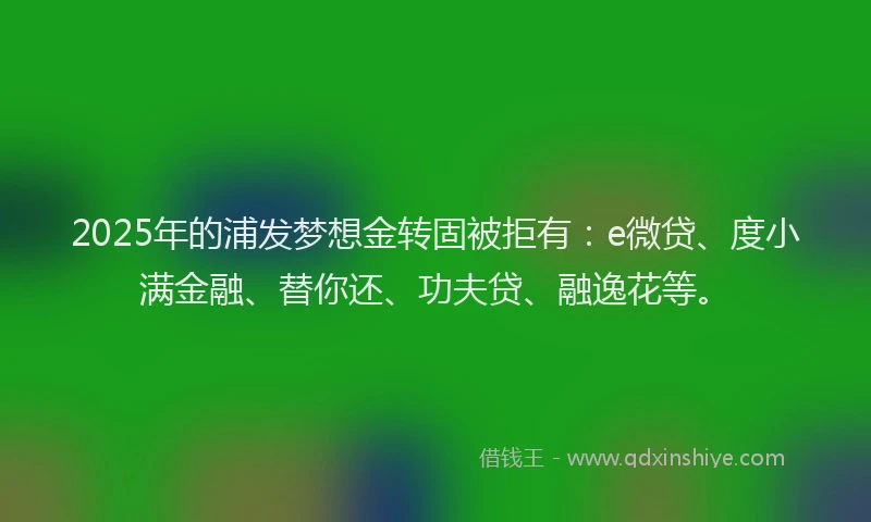 2025年的浦发梦想金转固被拒有：e微贷、度小满金融、替你还、功夫贷、融逸花等。