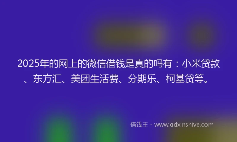 2025年的网上的微信借钱是真的吗有：小米贷款、东方汇、美团生活费、分期乐、柯基贷等。