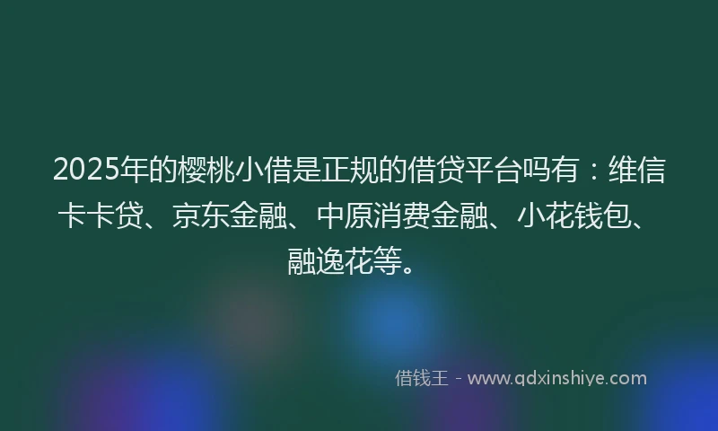 2025年的樱桃小借是正规的借贷平台吗有：维信卡卡贷、京东金融、中原消费金融、小花钱包、融逸花等。