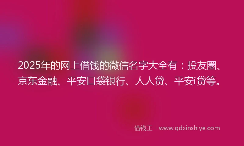 2025年的网上借钱的微信名字大全有：投友圈、京东金融、平安口袋银行、人人贷、平安i贷等。