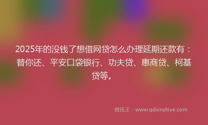 2025年的没钱了想借网贷怎么办理延期还款有：替你还、平安口袋银行、功夫贷、惠商贷、柯基贷等。