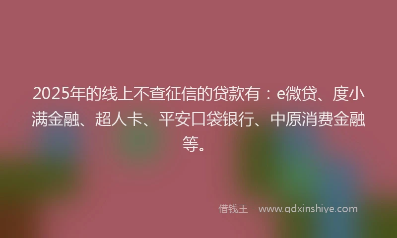 2025年的线上不查征信的贷款有：e微贷、度小满金融、超人卡、平安口袋银行、中原消费金融等。