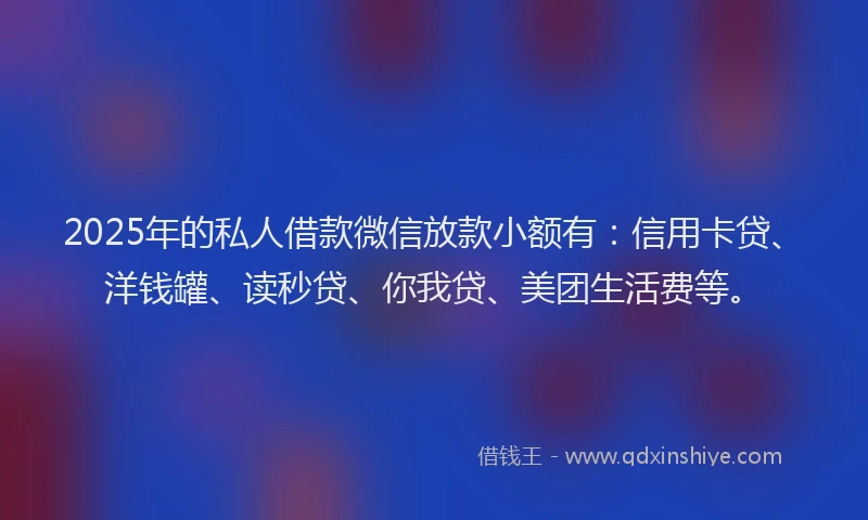 2025年的私人借款微信放款小额有：信用卡贷、洋钱罐、读秒贷、你我贷、美团生活费等。