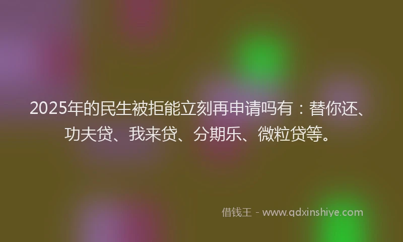 2025年的民生被拒能立刻再申请吗有：替你还、功夫贷、我来贷、分期乐、微粒贷等。