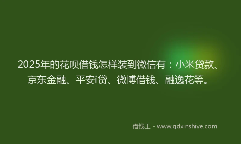 2025年的花呗借钱怎样装到微信有：小米贷款、京东金融、平安i贷、微博借钱、融逸花等。