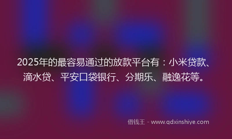 2025年的最容易通过的放款平台有：小米贷款、滴水贷、平安口袋银行、分期乐、融逸花等。
