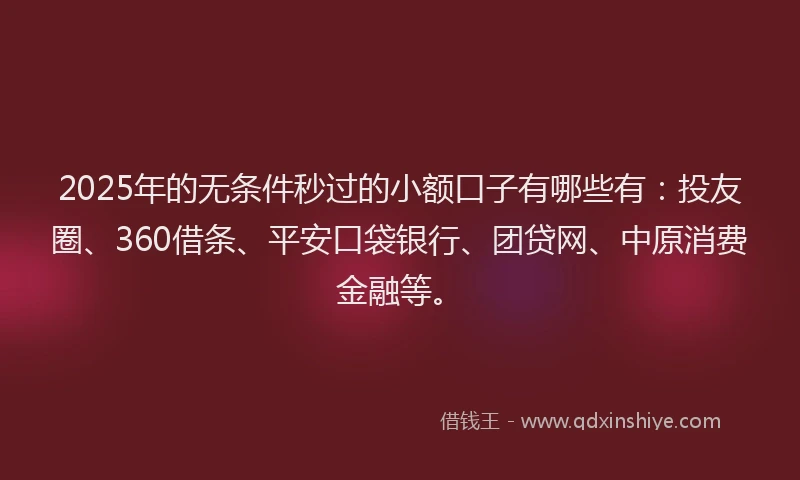 2025年的无条件秒过的小额口子有哪些有：投友圈、360借条、平安口袋银行、团贷网、中原消费金融等。
