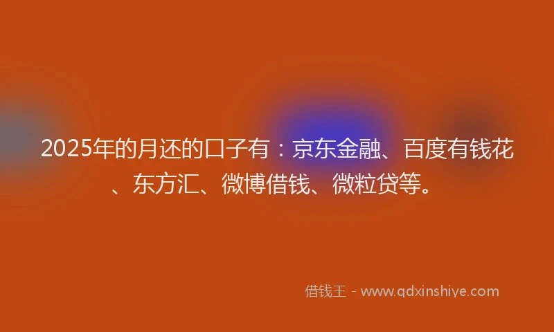 2025年的月还的口子有：京东金融、百度有钱花、东方汇、微博借钱、微粒贷等。