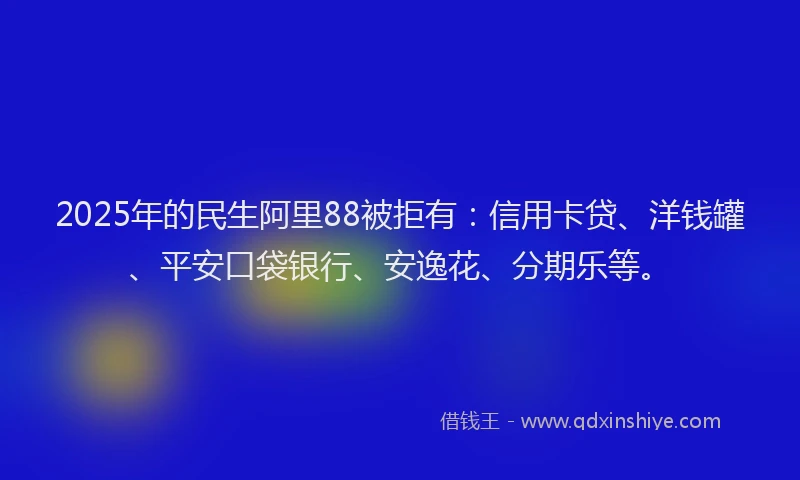 2025年的民生阿里88被拒有：信用卡贷、洋钱罐、平安口袋银行、安逸花、分期乐等。