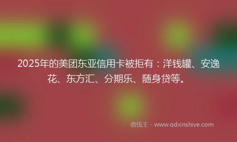 2025年的美团东亚信用卡被拒有：洋钱罐、安逸花、东方汇、分期乐、随身贷等。