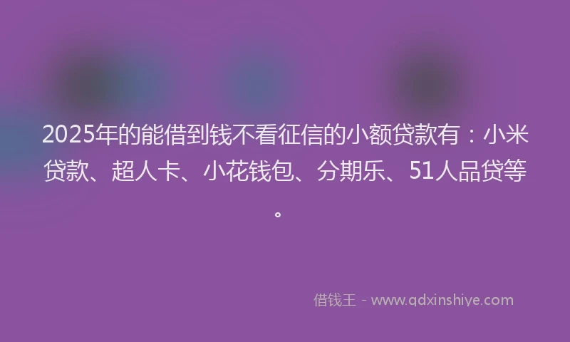 2025年的能借到钱不看征信的小额贷款有：小米贷款、超人卡、小花钱包、分期乐、51人品贷等。